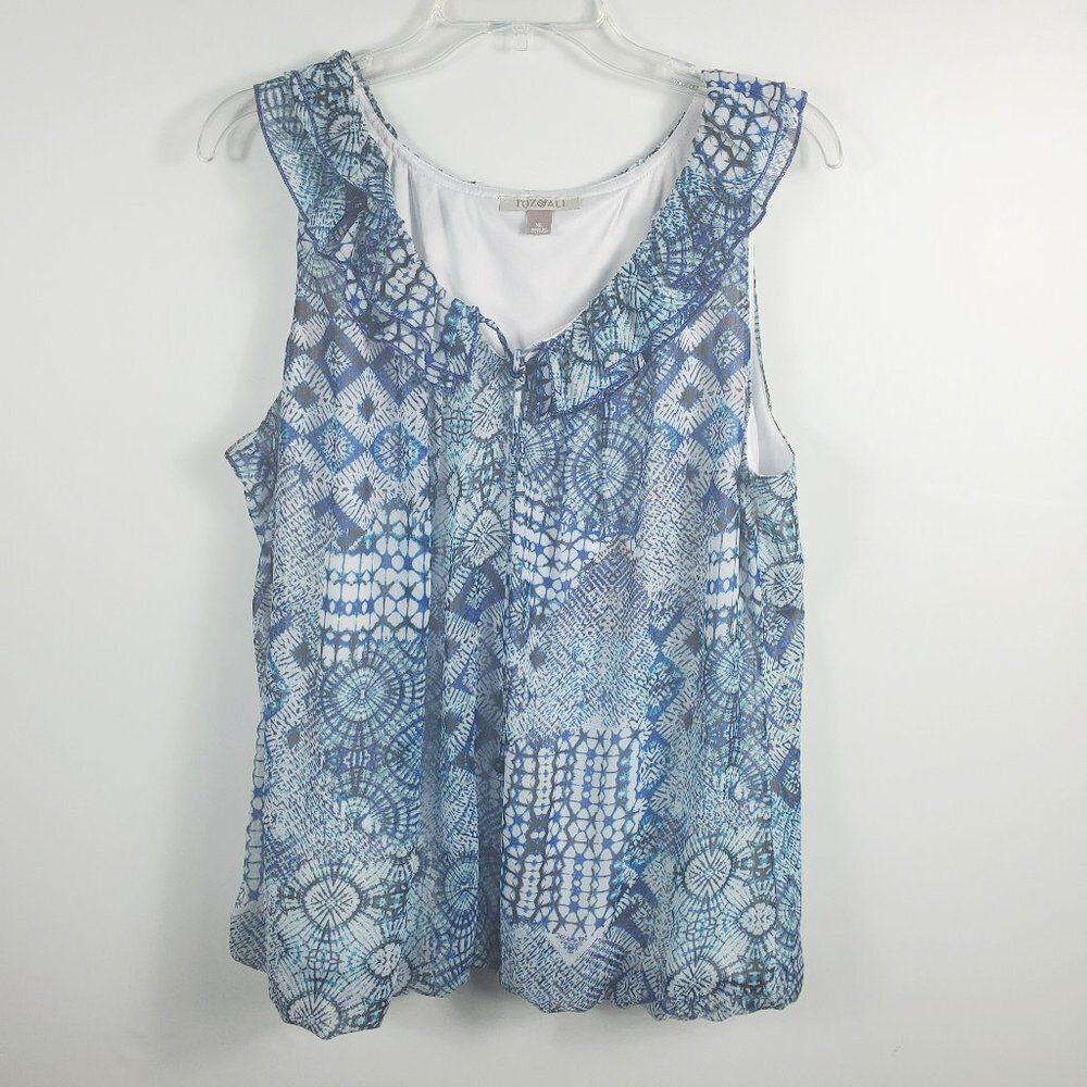 Roz & Ali Lined Blue & White Sleeveless Top With Ruffles & Tassels Sx XL